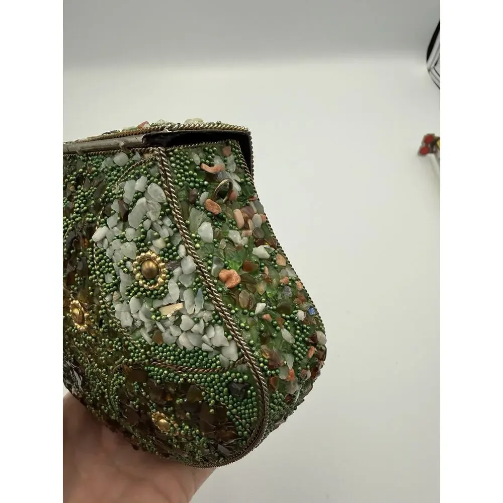 Vintage Mosaic Stone Hard Shell Evening Clutch Bag Green Quartz Beaded Purse